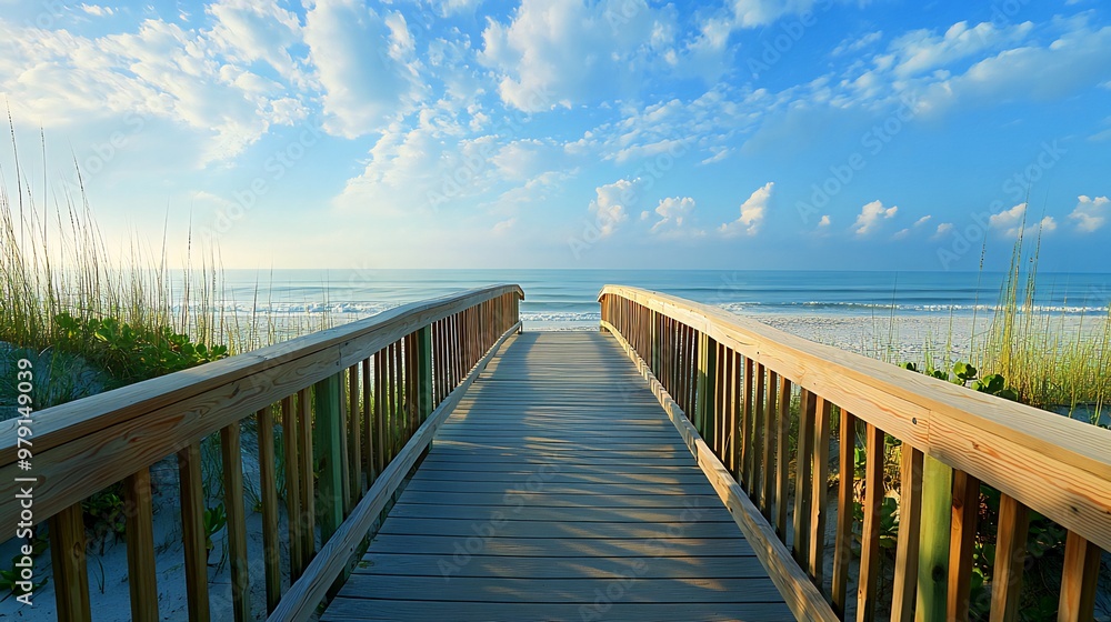 Fototapeta premium A wooden boardwalk leads to a white sand beach with turquoise water and a blue sky with puffy clouds.