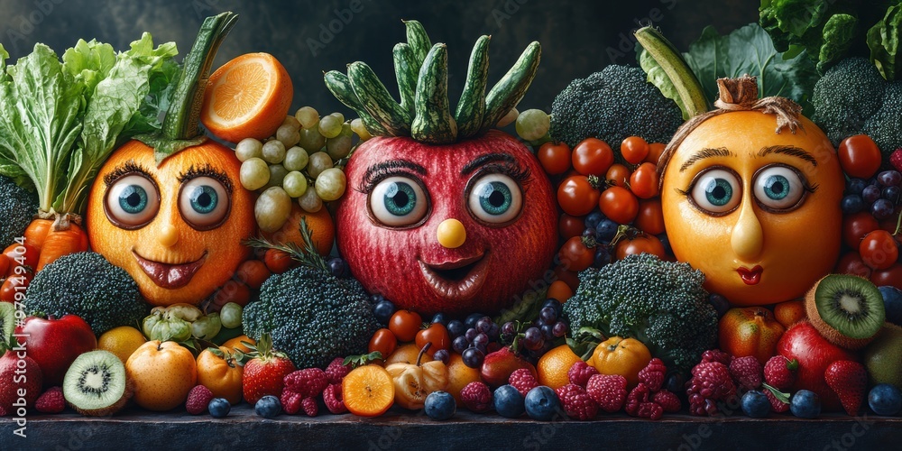 A bustling city where every fruit and vegetable is full of life with vibrant expressions A bustling city where every fruit and vegetable is full of life with vibrant expressions