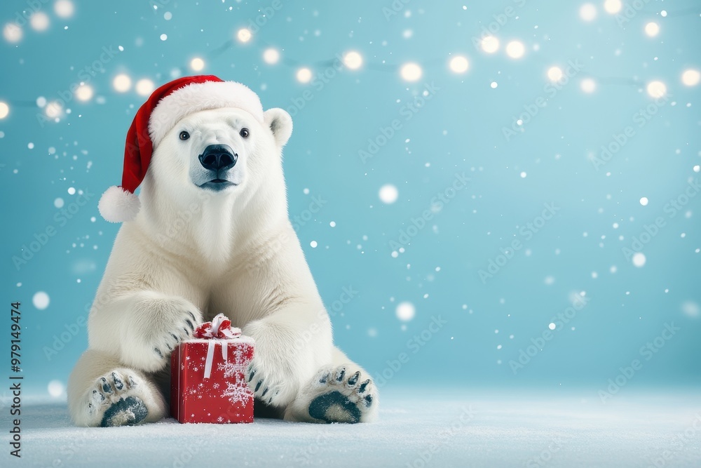 A polar bear wearing a Santa hat and holding a red box A polar bear wearing a Santa hat and holding a red box