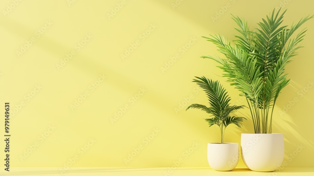 Yellow Wall with Two Palm Plants in White Pots Yellow Wall with Two Palm Plants in White Pots