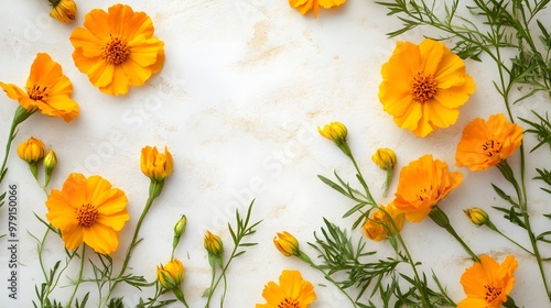 Yellow Margold Flowers and Green Stems on a White Background, top view.  photo