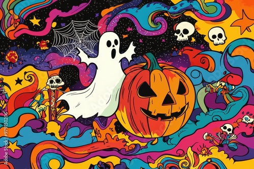 A colorful painting of a Halloween scene with a ghost and a pumpkin