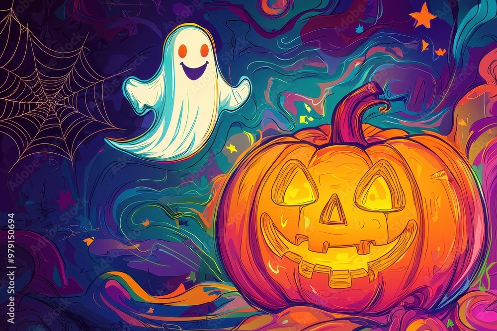 A Halloween scene with a ghost and a pumpkin. Scene is happy and festive A Halloween scene with a ghost and a pumpkin. Scene is happy and festive