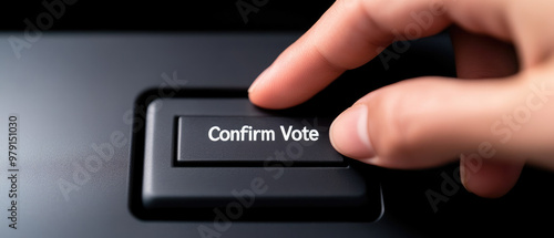 A close-up of fingers pressing the Confirm Vote button on a digital voting machine, showcasing active participation in the electoral process.