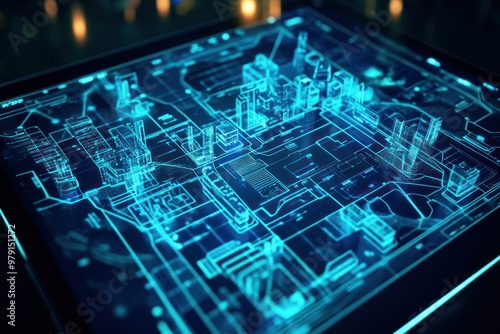 Obraz na płótnie Futuristic City Blueprint Hologram w salonie