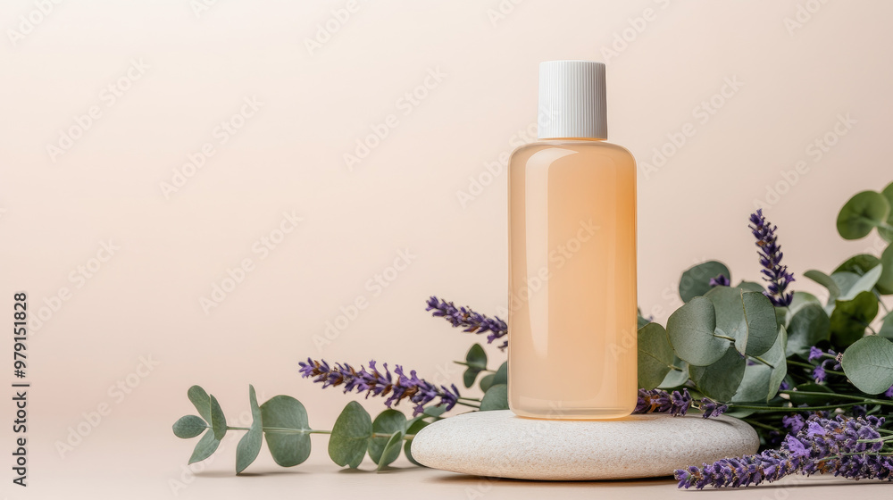 Capture the essence of skincare with this elegant bottle of toner on a stone slab, surrounded by lavender and eucalyptus in a minimalist setting. Capture the essence of skincare with this elegant bottle of toner on a stone slab, surrounded by lavender and eucalyptus in a minimalist setting.