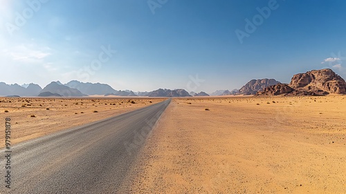 A long, straight road cuts through the vast desert landscape, with mountains in the distance under a clear blue sky.