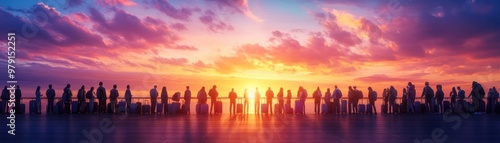 Silhouettes of Travelers at Sunset, Standing in Line with Luggage, Ready to Check In and Begin Their Adventures