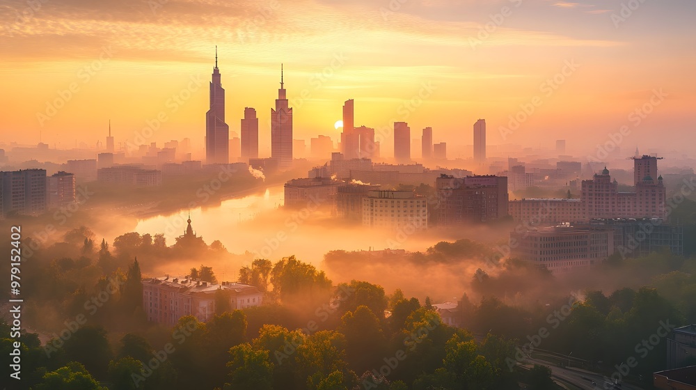 Fototapeta premium Foggy city skyline at sunrise.