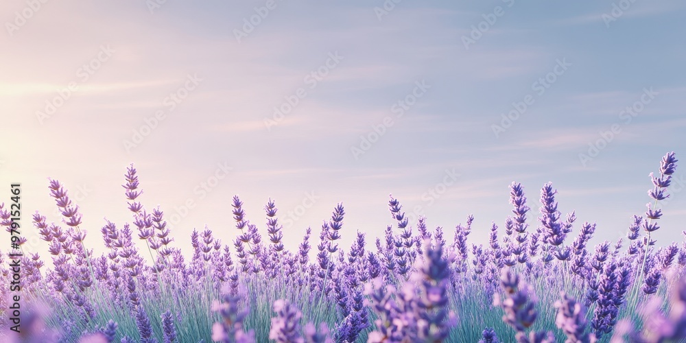 Naklejka premium A serene lavender field under a pastel sky at sunset.