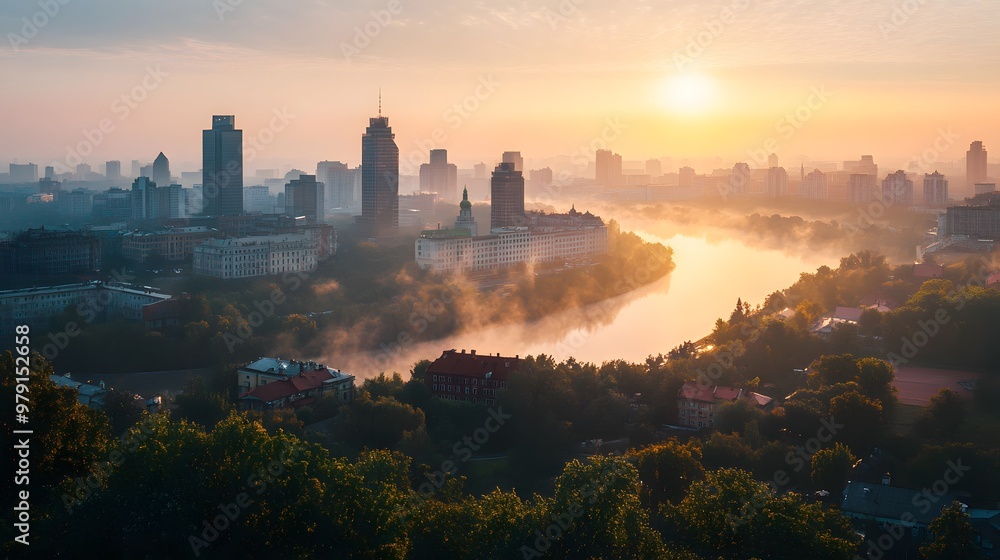 Naklejka premium Sunrise over a cityscape with a river.