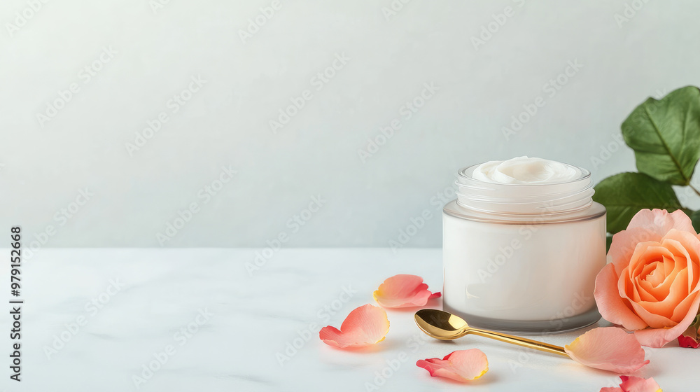 High-resolution product photography of a night cream jar, elegantly placed on a white marble table with rose petals and a gold spoon, showcasing minimalist beauty and luxury. High-resolution product photography of a night cream jar, elegantly placed on a white marble table with rose petals and a gold spoon, showcasing minimalist beauty and luxury.