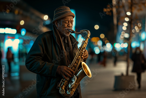 Man playing saxophone on city street at night