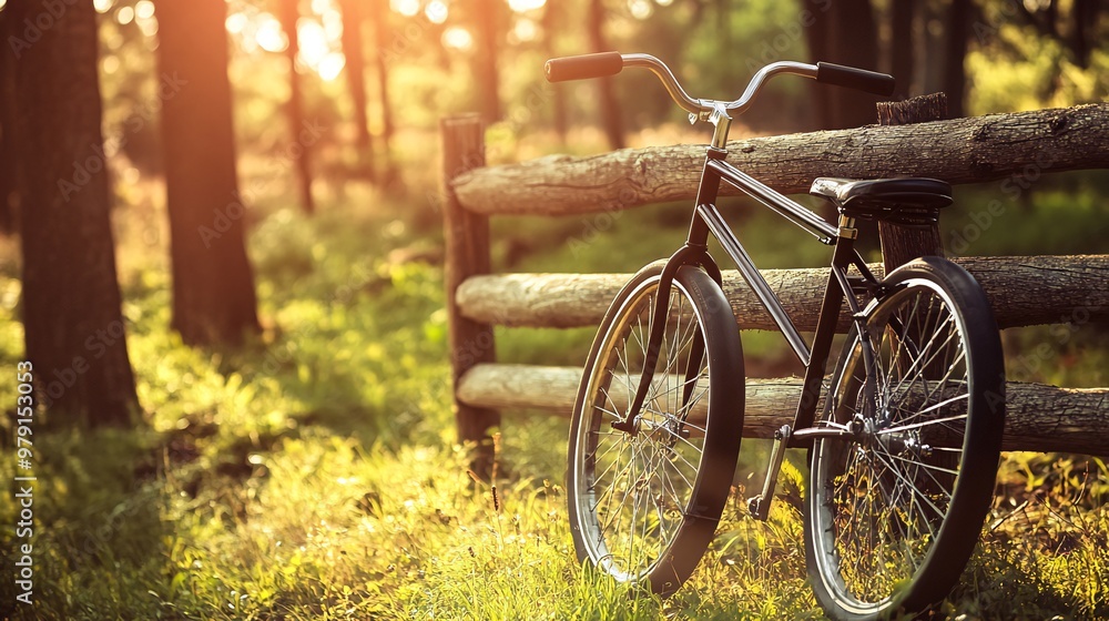 Fototapeta premium A black bicycle leans against a wooden fence in a forest clearing, bathed in the warm glow of the setting sun.