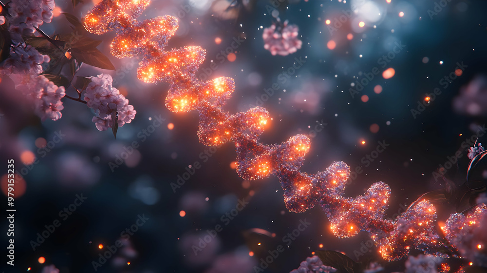 Abstract Illustration of a Glowing DNA Strand Surrounded by Cherry Blossoms Abstract Illustration of a Glowing DNA Strand Surrounded by Cherry Blossoms