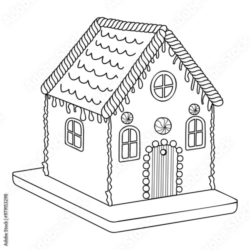 Gingerbread house cookie. Coloring page. Christmas cake vector illustration