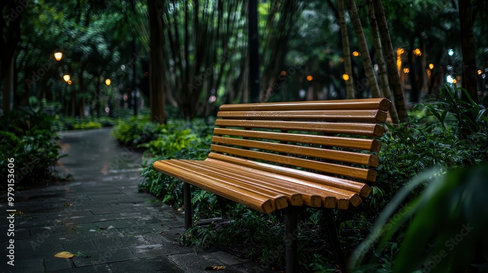 A bamboo bench with soft natural tones enhances an urban park setting A bamboo bench with soft natural tones enhances an urban park setting