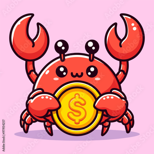 Flat Cartoon Style Crab Holding Gold Coin Vector Logo