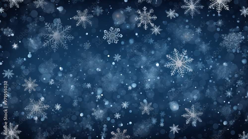Snowflakes gently falling in a serene winter night against a deep blue background Snowflakes gently falling in a serene winter night against a deep blue background