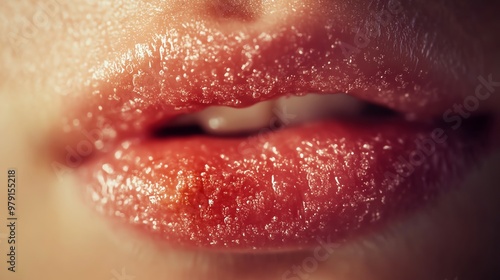 Detailed shot of a herpes cold sore on lips, medical and dermatology concept, perfect for healthcare branding with space for text