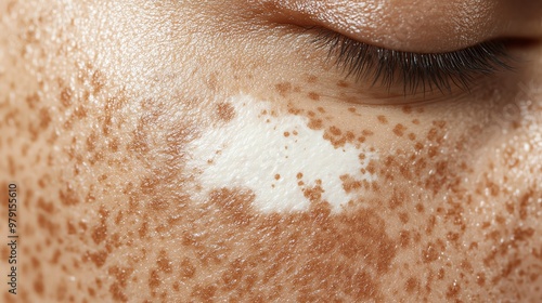Close-up of a woman's eye with vitiligo skin condition.