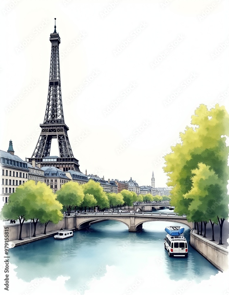 Obraz premium Paris Watercolor Cityscape Postcard: Greetings from the City of Love, Blank Space for Your Message