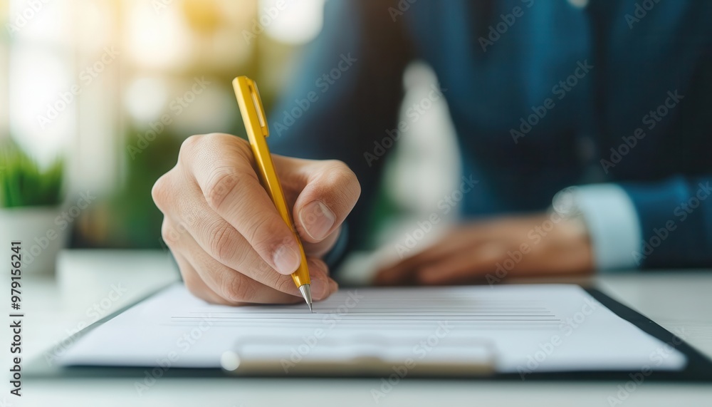 Employee marking a checkmark on a task list, tidy workspace, vibrant lighting, close-up of hand holding a pen, side view, soft background blur, professional environment Employee marking a checkmark on a task list, tidy workspace, vibrant lighting, close-up of hand holding a pen, side view, soft background blur, professional environment
