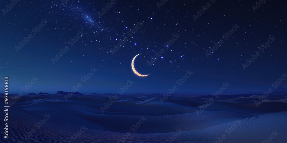 A serene night sky over a desert landscape with a crescent moon and twinkling stars. A serene night sky over a desert landscape with a crescent moon and twinkling stars.
