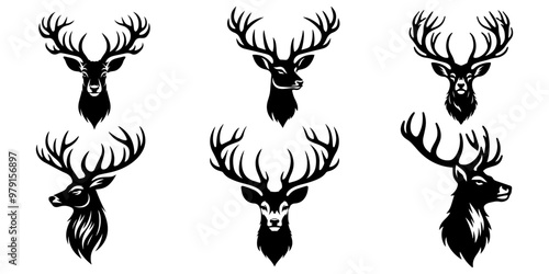 black and white deer, deer head silhouette vector black, deer head black silhouette vector illustration, Collection of black deer icons.Logo of deer.Deer simple icon.Reindeer vector symbols Set