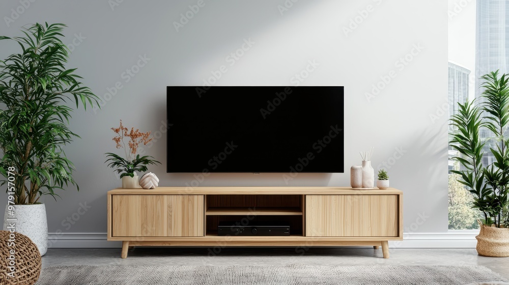 A bamboo TV stand with sliding doors features a minimalist design A bamboo TV stand with sliding doors features a minimalist design