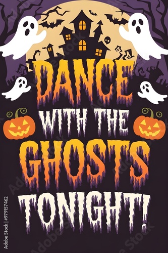 Inscription "Dance with the ghosts tonight”. Ghosts and pumpkins on a Halloween card. 