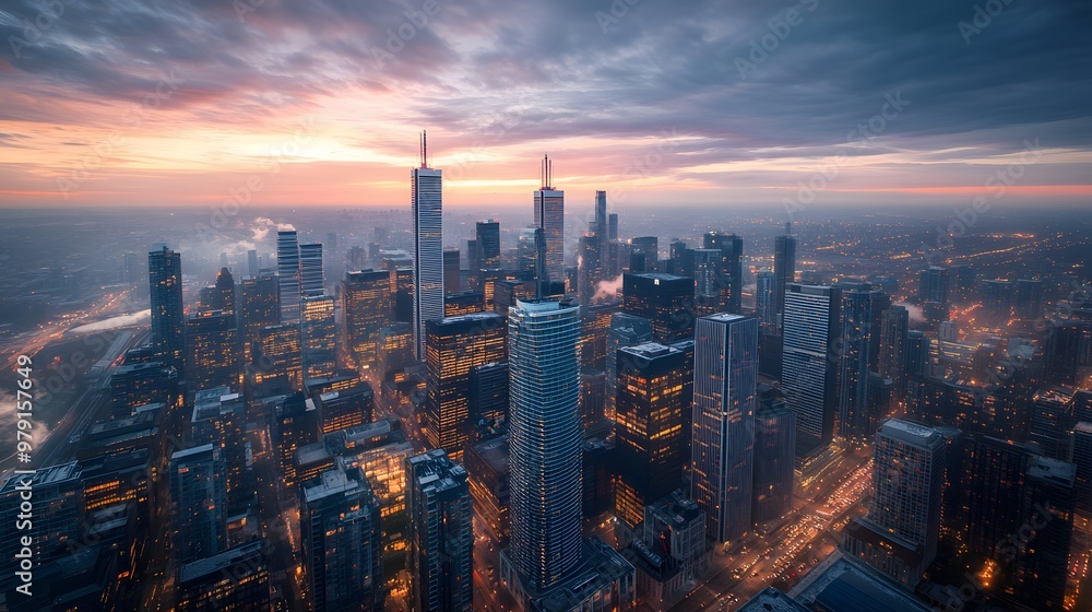 Aerial view of a city skyline at sunset. Aerial view of a city skyline at sunset.