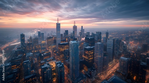 Aerial view of a city skyline at sunset.