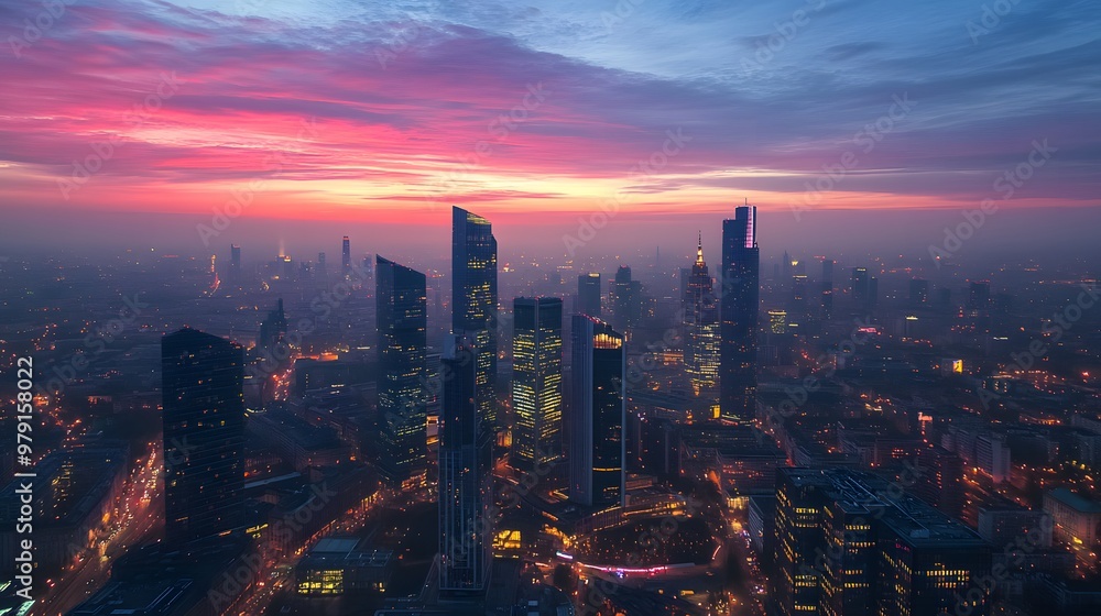 Obraz premium City skyline at sunset with vibrant colors.
