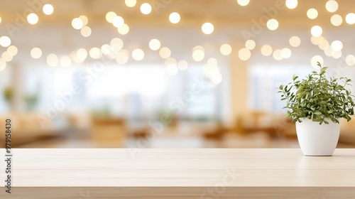 Wallpaper Mural Wooden Tabletop with Plant and Bokeh Lights Background Torontodigital.ca