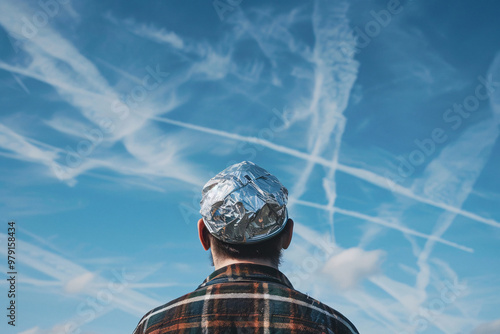 Chemtrail conspiracy theory concept with man with tinfoil hat looking at sky with condensation trails