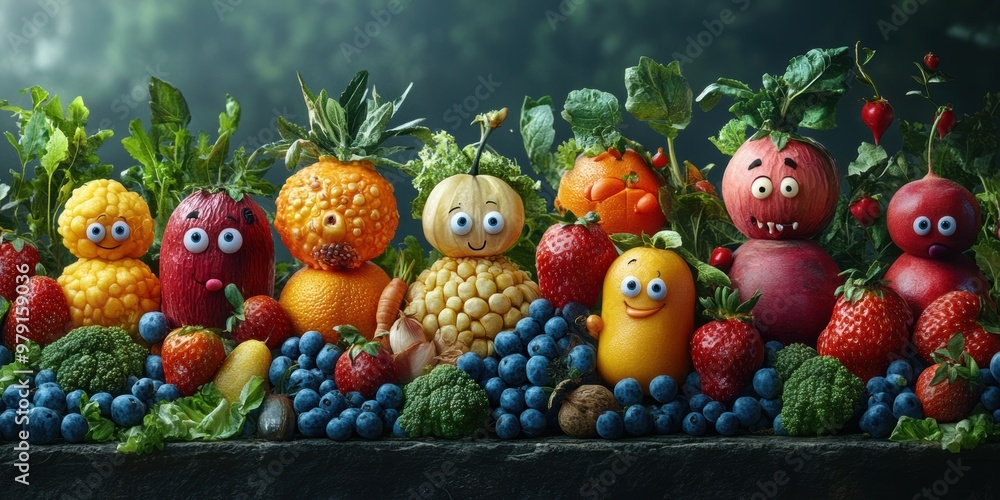 A bustling cityscape where vegetables and fruits are animated with vibrant traits and charm A bustling cityscape where vegetables and fruits are animated with vibrant traits and charm