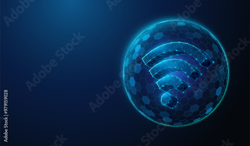 Abstract illustration of wi-fi network protected by shield barrier in low poly style. Blue geometric background depicting wireless network firewall security concept by wireframe connection structure