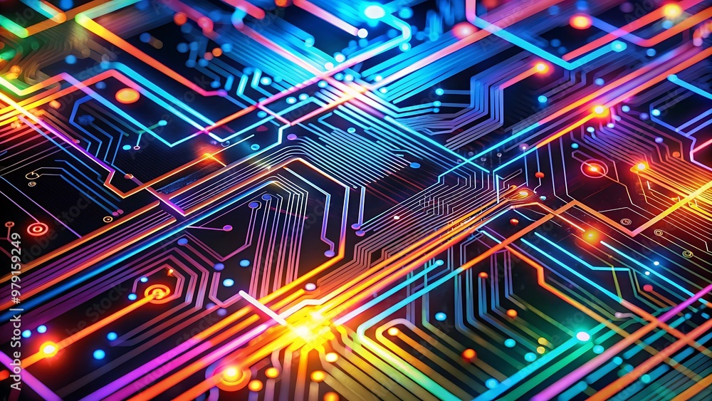 データ転送を表すダイナミックな脈動線を備えた、回路基板の鮮やかで抽象的な表現。 データ転送を表すダイナミックな脈動線を備えた、回路基板の鮮やかで抽象的な表現。