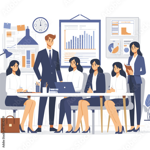 A group of women and a man are sitting around a table in a business setting
