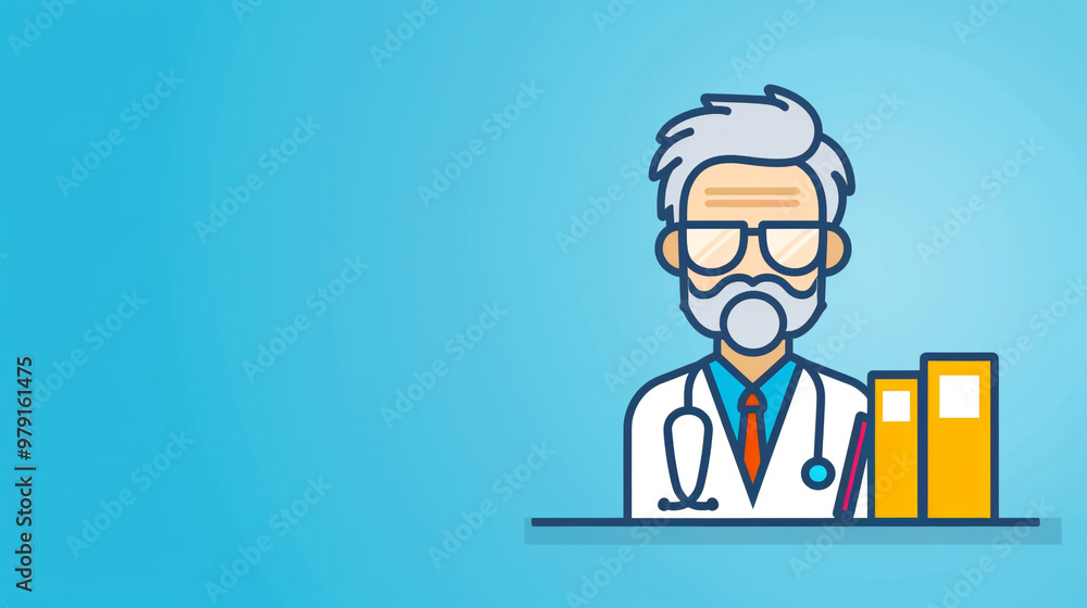 Cartoon doctor character with books on a blue background Cartoon doctor character with books on a blue background