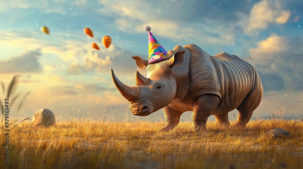 Fototapeta premium Rhino with a party hat, grazing in a cartoon savannah