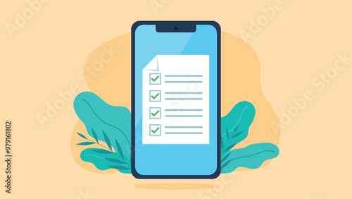 A checklist document on a phone screen. All boxes checked in green. Vector graphics in flat design style.