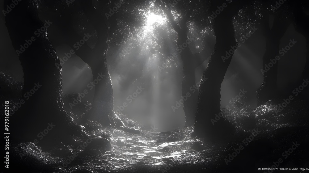 Obraz premium Sunbeams Illuminating a Path Through a Dark Forest. 