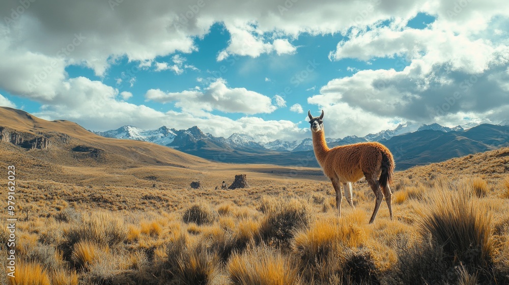 Naklejka premium Llama in a field with mountains