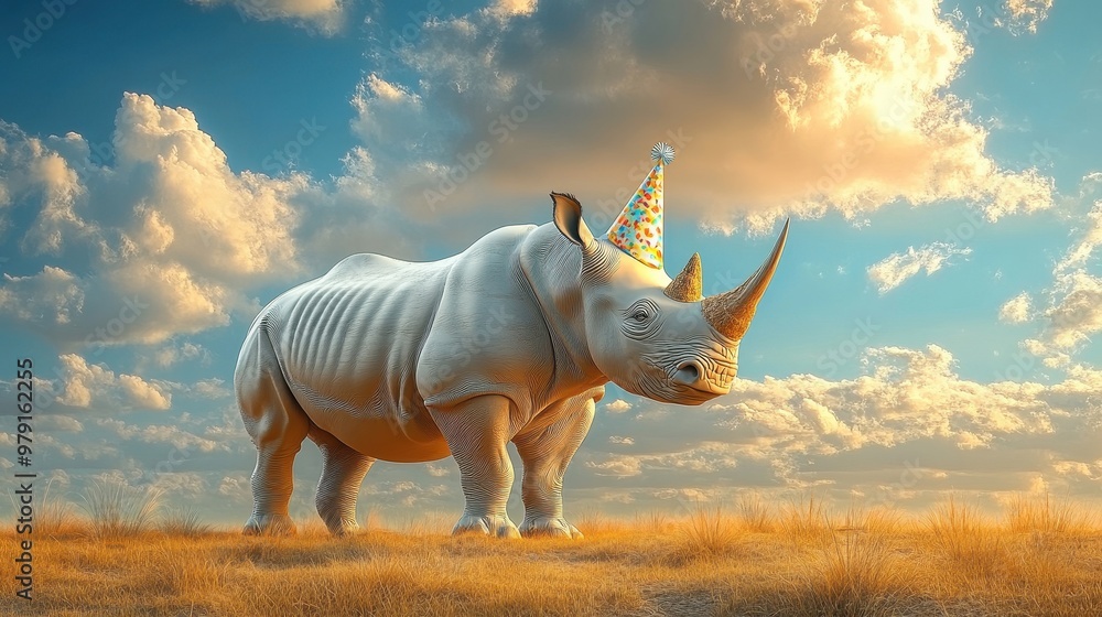 Fototapeta premium Rhino with a party hat, grazing in a cartoon savannah