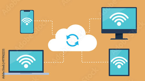 Wi-Fi connection to the cloud. Four different devices connect to the cloud that has a charging icon on it. Vector graphics in flat design style.