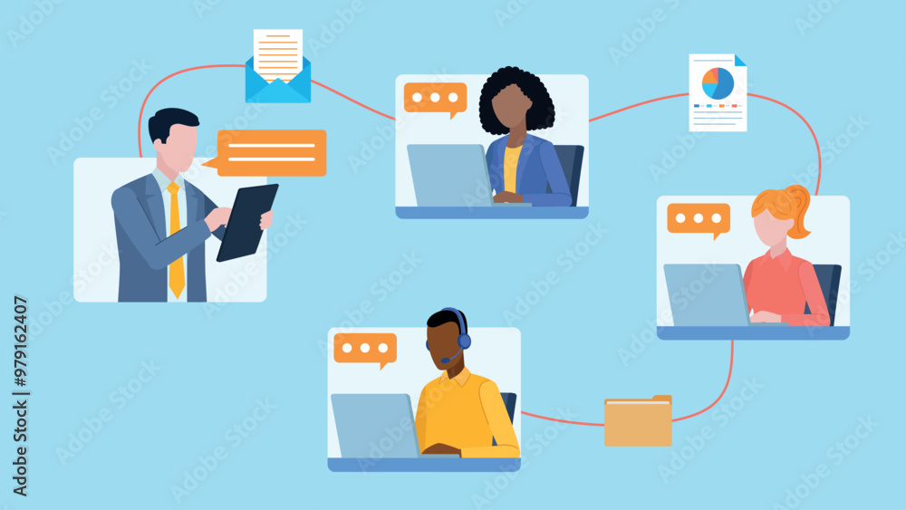 Employee tiles. Between them are icons of an open email, a document with a pie chart, and a folder with files. Vector graphics in flat design style. Employee tiles. Between them are icons of an open email, a document with a pie chart, and a folder with files. Vector graphics in flat design style.