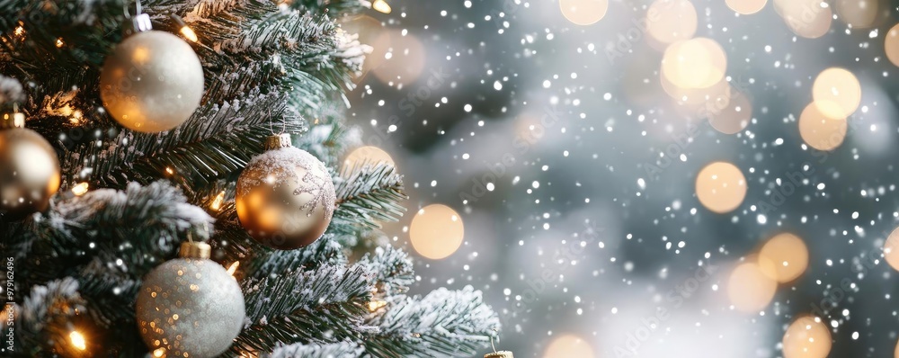 A beautiful Christmas scene with a decorated tree, shimmering ornaments, and soft snowflakes falling against a blurred background. A beautiful Christmas scene with a decorated tree, shimmering ornaments, and soft snowflakes falling against a blurred background.