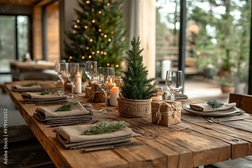 Rustic Christmas table setting with festive decor and warm lighting Rustic Christmas table setting with festive decor and warm lighting